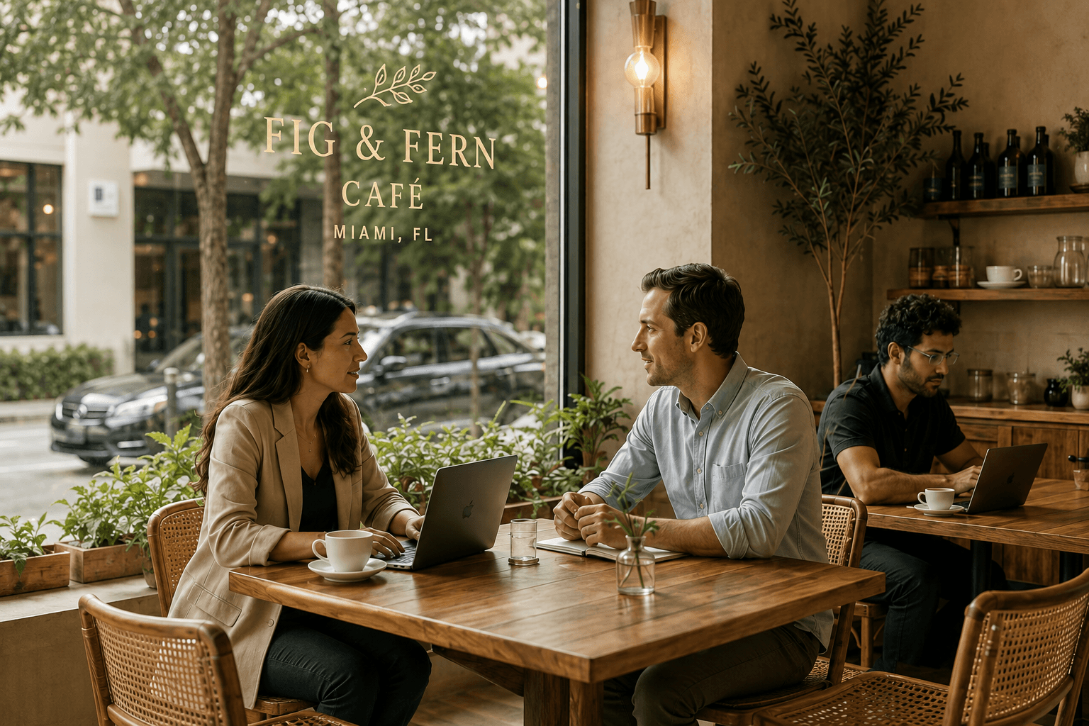 Fig & Fern Café — customers working and chatting inside the café